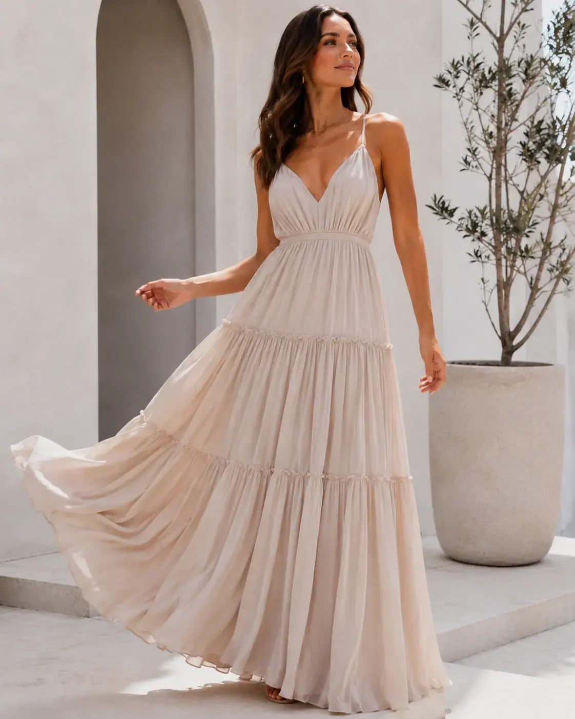 Custom tiered maxi dress with gathered skirt construction
