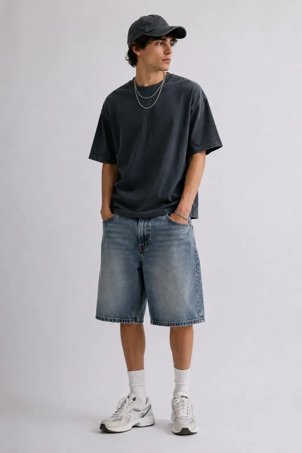 Custom baggy denim shorts with wide leg opening and longer inseam