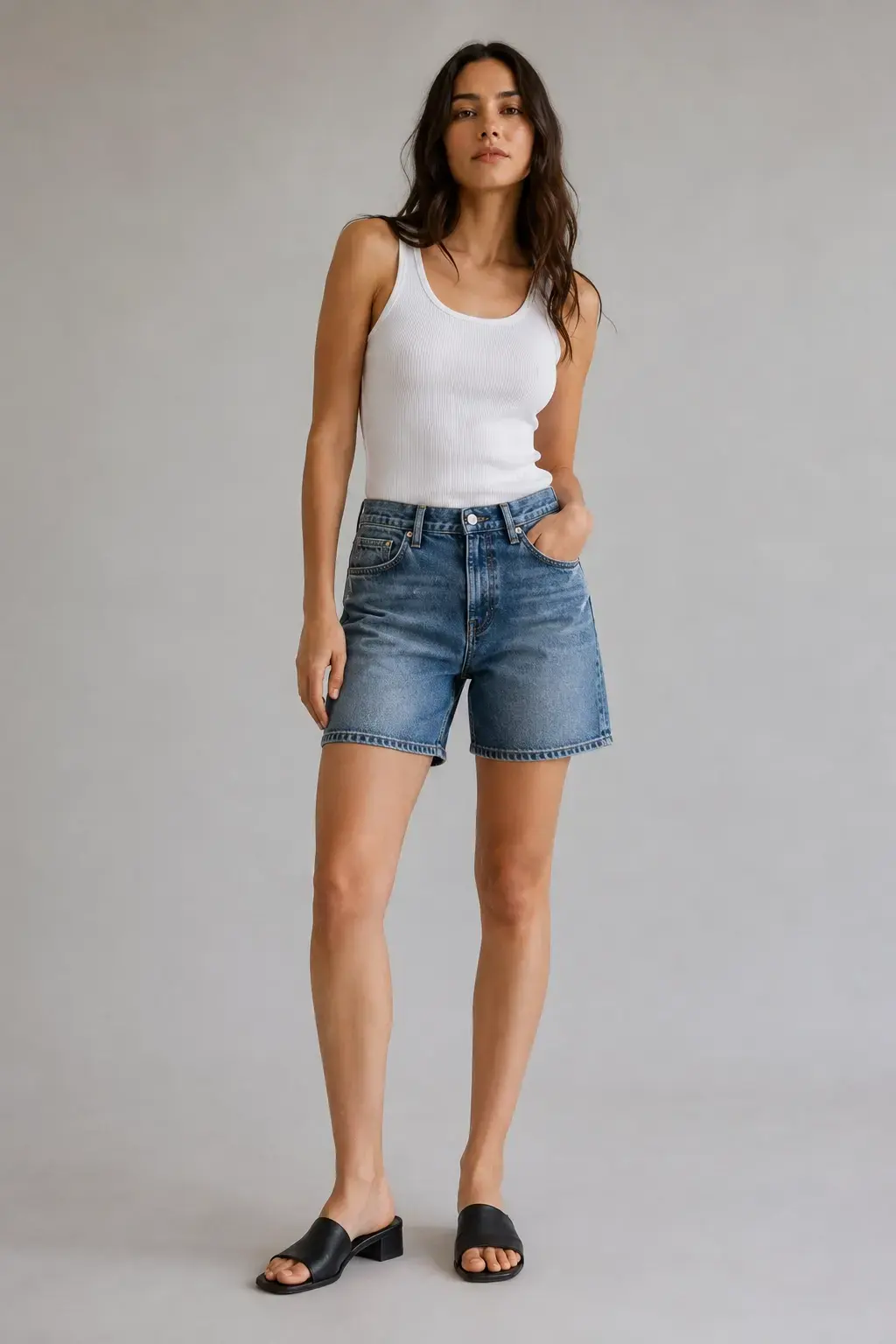 Custom classic denim shorts with clean fit and finished hem