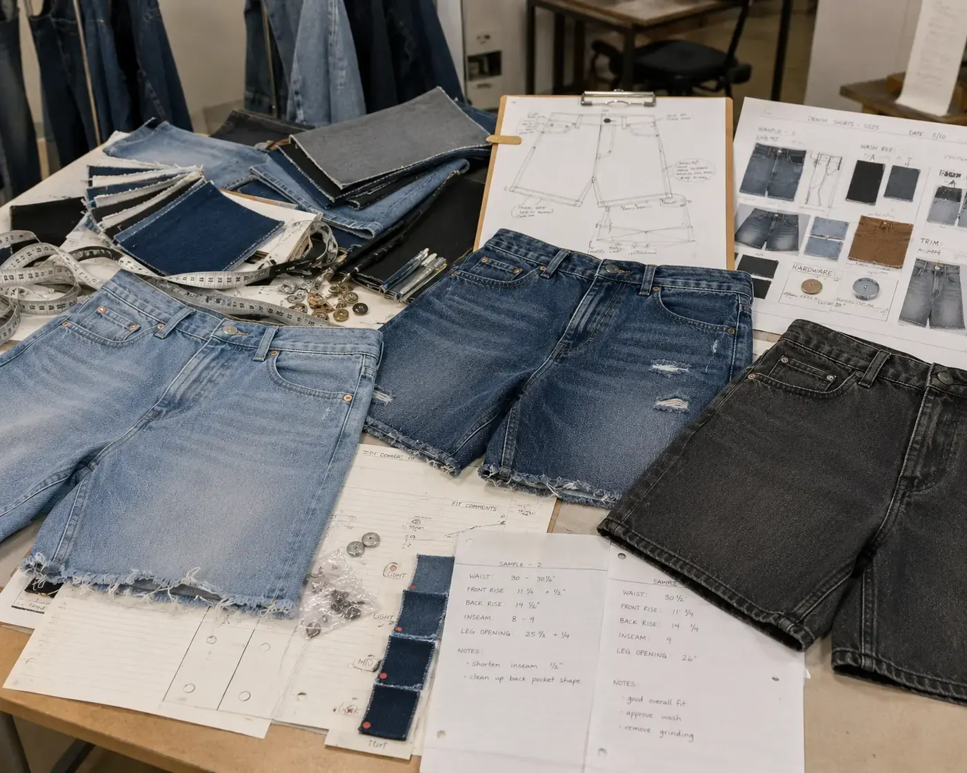 Sample development for custom denim shorts
