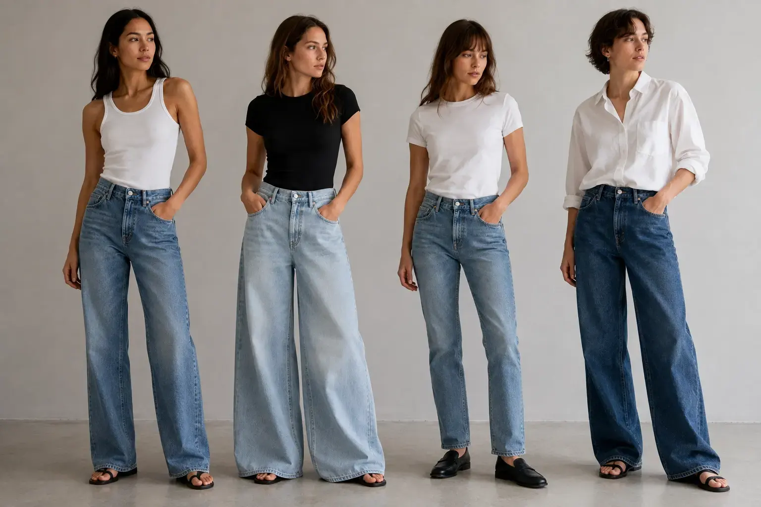 Custom washed denim styles including straight wide leg and relaxed jeans
