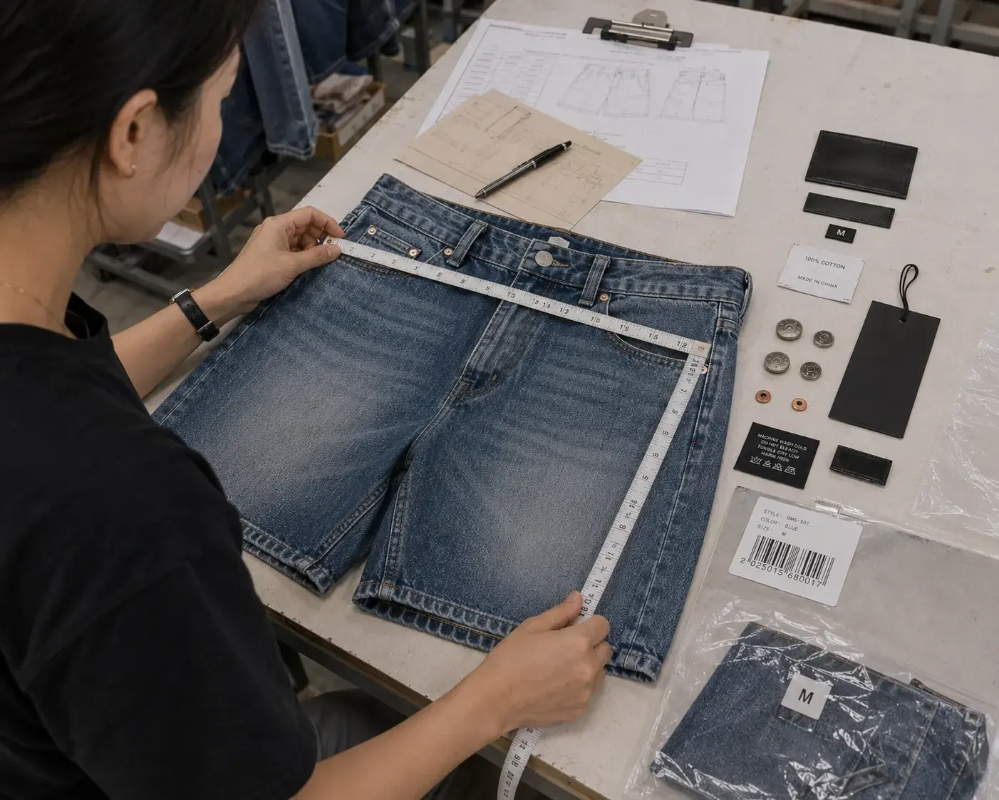 Quality control inspection for custom denim shorts production