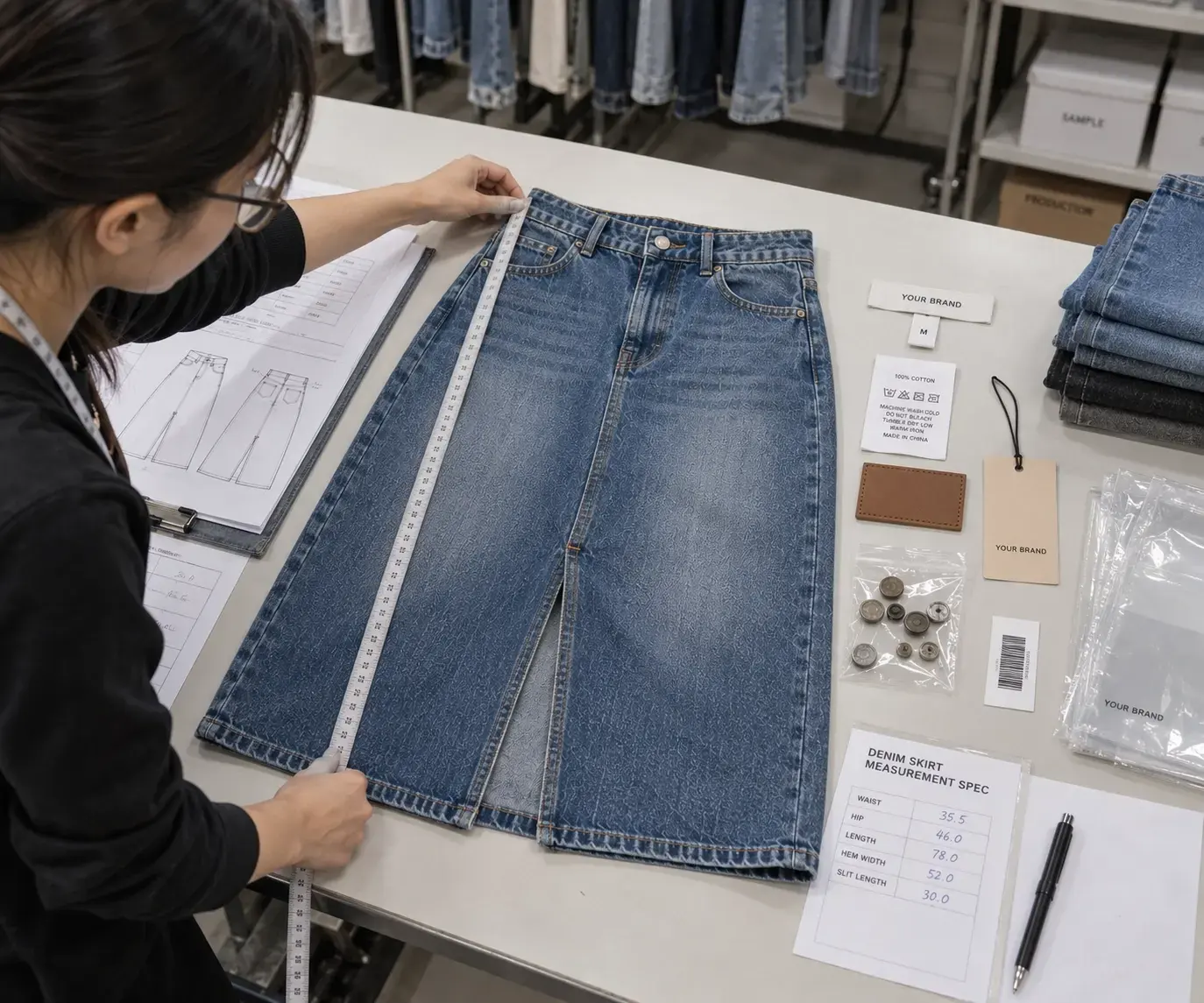 Quality control inspection for custom denim skirt production